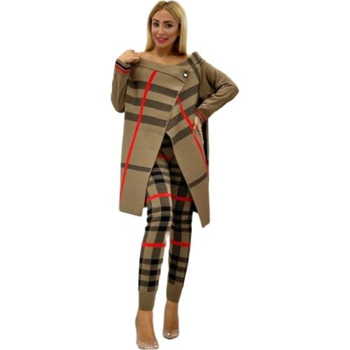 2 Pieces Womens Knitwear Buttoned Cachet Top and Pants Double Flexible Suit Set Striped Turkey Dubai 2021 Fashion Clothing Set