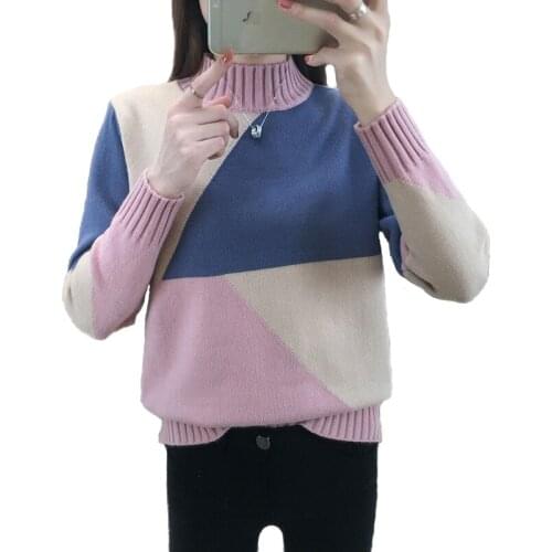 Flocking Thicken Knit Sweater Women 2019 Autumn Winter Pullover Long sleeve Half high collar Spell color Sweater Bottoming shirt