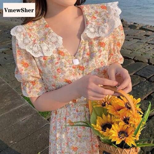 VmewSher New Summer Floral Women Dress Peter Pan Collar Lace Patchwork Short Puff Sleeve High Waist Mid-calf Length Long Elegant