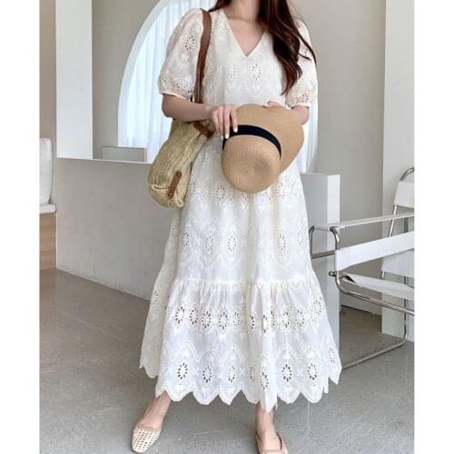 Ordifree 2021 Summer Women Long Embroidery Dress Short Sleeve Hollow Out White Lace Vocation Long Beach Dress