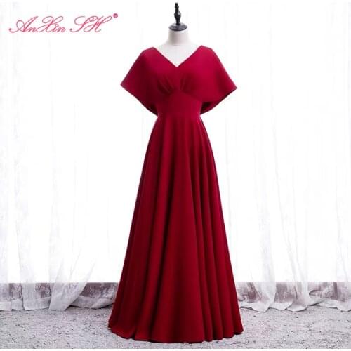 AnXin SH princess wine red chiffon evening dress vintage party v neck batwing sleeve a line zipper bride evening dress