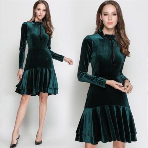 Gold Velvet Dress Spring Autumn 2020 European A-Line Ruffles Sweet Velvet Dresses Large Size M-3XL Elegant Velour Dress Vestid