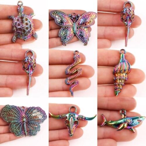 5Pcs/Lot Metak Colorful Animal Shaped Colorful Butterfly Charms Finding Tortoise Snake Pendant Necklaces Keepsake Jewelry Diy