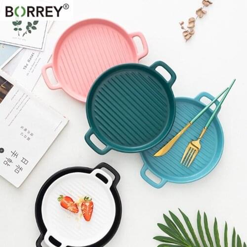 BORREY Ceramic Dinner Plates Porcelain Set Round Plate For Food Steak Binaural Baking Pizza Dish Dinner Plates Nordic Style