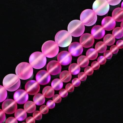 15" Rose Red Round Glitter Frosted Austria Crystal Dull Polish Moon Stone Loose Beads For Jewelry Making Bracelet Neck 6-12mm
