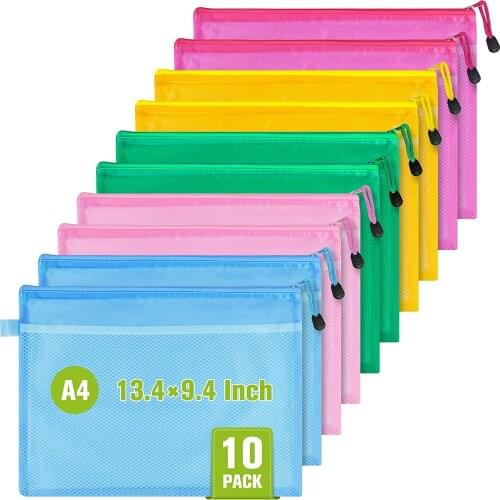 Color Mesh Zipper Bag, 10 Pieces Of Double Zipper Document Bag, A4 Size Waterproof Office Document Storage Bag