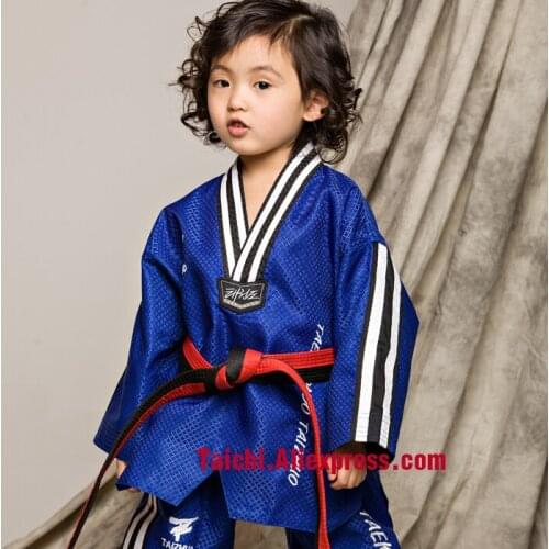 Martial Arts Tae Kwon Do Children Taekwondo Uinform For Poomsae & Training,WTF Uniform,110-155cm,stripe, White,blue,red