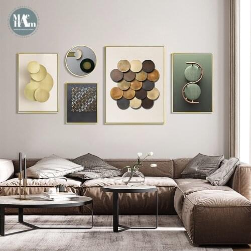 Geometric line round gold leaf wall art Canvas HD Prints Posters Abstract Wall Pictures for living room Morden decor Nordic