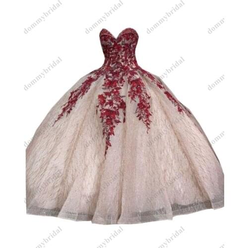 Glamourous Red Lace Flowers Rose Gold Sequined Ball Gown XV Quinceanera Dresses Mexicano Charro Corset Prom Formal Evening Dress