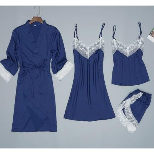 4 Pieces Women Sexy Silk Satin Robe Set Lace Sleepwear Set Robe+Nightdress+Slip Top+Shorts Summer Nightwear