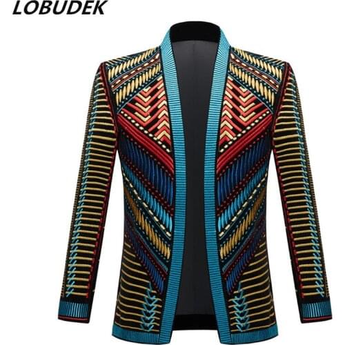Mens Embroidery Court Blazers European Style Singer Show Host Stage Costume Male Velvet Striped Plus Size Coat Vintage Design