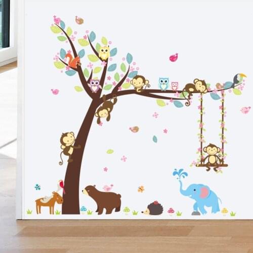 Cartoon Forest Bear Owl Cheeky Monkey Swing Tree Wall Stickers For Home Decor Kids Room Children Animals Mural Art Decal Poster
