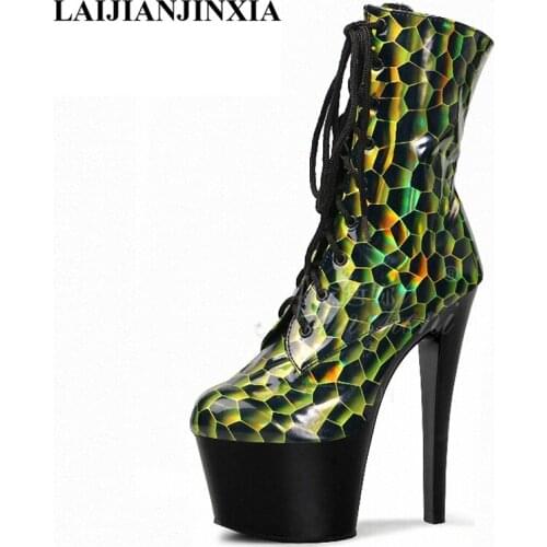 LAIJIANJINXIA New 2021 Fashion Boots 17 cm High Heels ZIP Womens Boots Sexy Ankle Boots Party Model Catwalk Pole Dancing Shoes