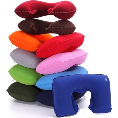 New Double Sided flocking Inflatable U-Pillow Cushion Pad For Camping Travel Hiking Sleep Rest 10 Colours 1pcs