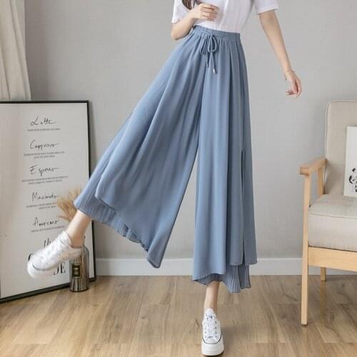 2021 Summer New Style Pleated Chiffon Wide Leg Pants Fashion Slim High Waist Drape Elegant Ankle-length Pants Skirt Trousers