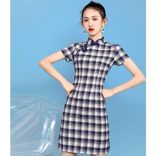 Summer New Womens Art Plaid National Style Girl Cheongsam Short Chinese Style Retro Improved Dress
