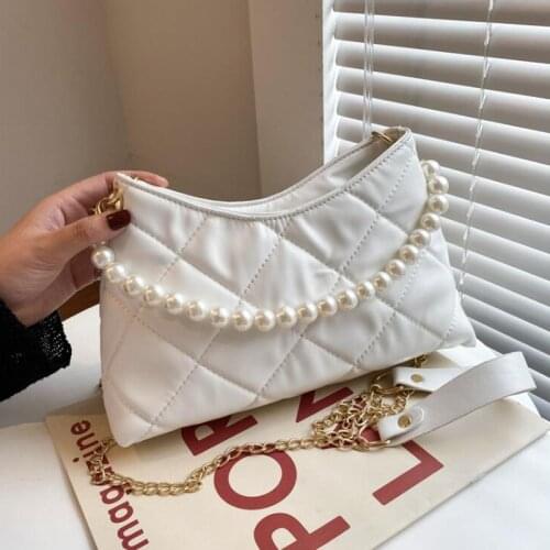 2021 Autumn Fashion Shoulder Bag Pearl Top-handle Handbags Chain Crossbody Bags For Women Plaid Pu Leather Travel Hand Bag