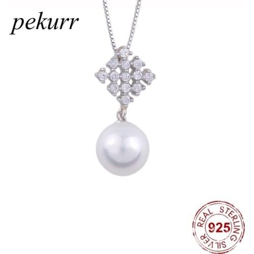 Pekurr 925 Sterling Silver Zircon Beads Hollow Sqare Pearl Necklaces For Women Pearl Pendants Crystal Geometry Fashion Jewelry
