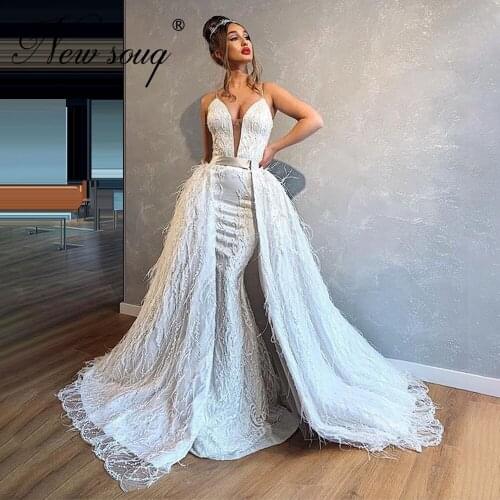 Handmade Beaded Feathers Prom Dresses Red Carpet Gowns Robes De Soiree African Dubai V Neck Party Night Dress Evening Wear 2020