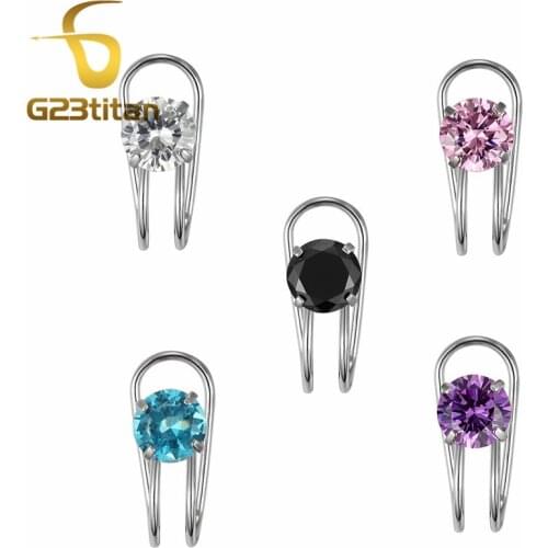 G23titan Ear Trick Piercing Fake Piercing Clip Earrings for Women Girls 7mm Cubic Zirconia Silver Color Ear Jewelry
