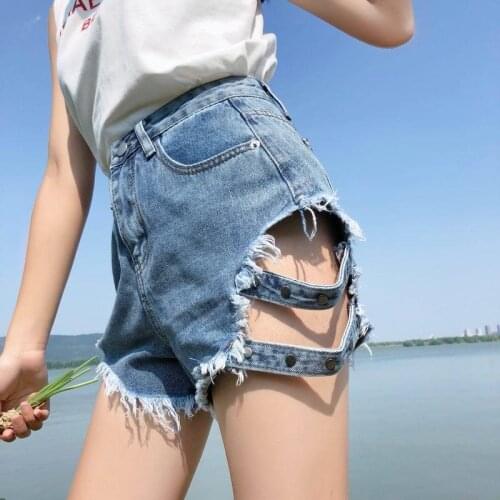 Sexy Women Denim Shorts With Straps Both Sides Hollow Rivet Short Jeans Femme Buttocks Streetwear Vintage Pants Pantalones Mujer
