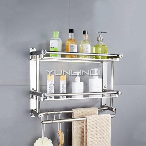 Foldable Bathroom Double Layer Heightening Towel Rack Punch-free Bathroom Pendant Toilet Storage Wall Hanging Towel Rack A104