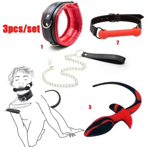 SM Play Puppy Sex Neck Collar/Leash Silicone Dog Bone Bite Gag Pup Tail Anal Plug Set Slave Bondage Pet Role Play Couple Sex Toy