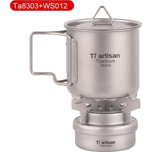 Tiartisan Newest Camping Titanium Spirit Stove and Titanium mug set 350ml/550ml Titanium Cup Cookware set with Alcohol Stove