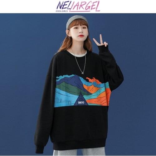 NELLARGEL Women Y2k Mountains Harajuku Hoodies 2021 Female Vintage Patchwork Oversized Hoodie Girl Korean Streetwear Sweatshirts