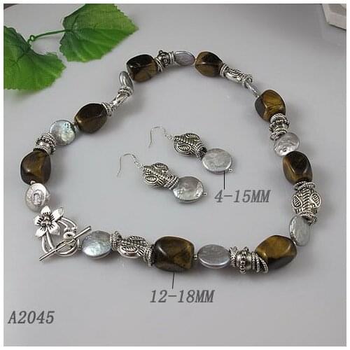 Unique Pearls jewellery Store,Gray Coin Pearls Tiger Eye Stone Tible Silver Necklace 925 Silver Dangle Earrings Jewelry Set