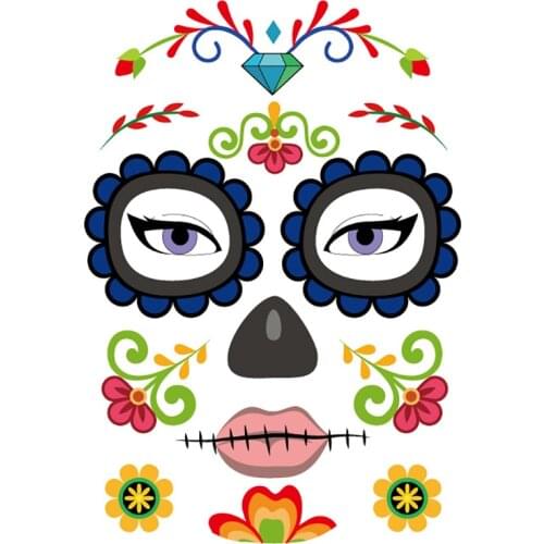 Temporary Tattoo Stickers Day of The Dead Skull Face Halloween Cool Facial Beauty Tattoo Waterproof Party Masquerade Decor