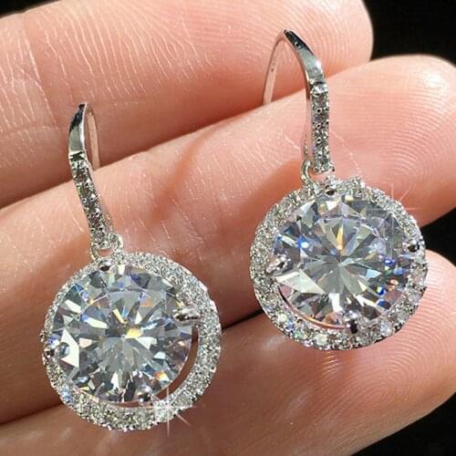 2021 Luxury Ladies Womens Inlaid White Round Crystal Zircon Rhinestone Female Metal Dangle Copper Earring for Party Jewelry