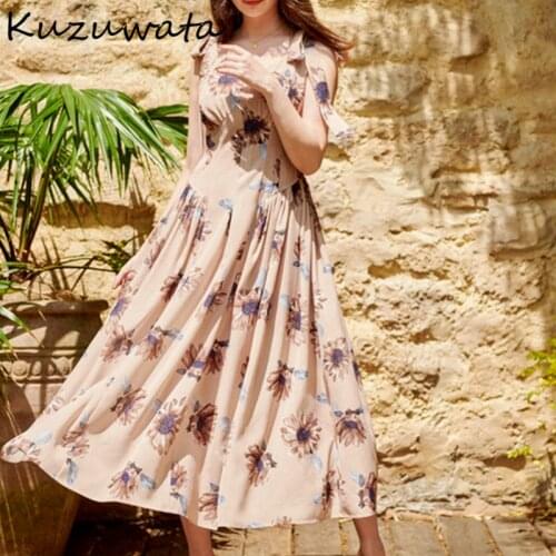 Kuzuwata 2021 Summer New Japanese Vestidos Print O Neck Sleeveless Bowknot Shoulder Strap Ribbon Dresses Sweet Womens Robe