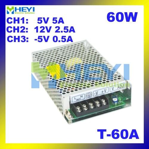 60W Power Supply Driver with 3 switching output 5V 5A, 12V 2.5A, -5V 0.5A ac to dc T-60A triple power supply
