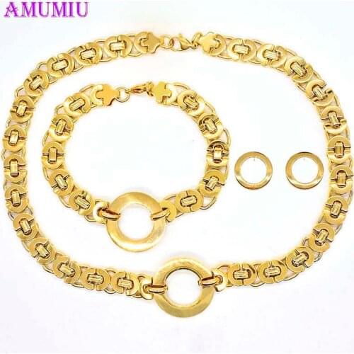 AMUMIU Heavy Crucifix Jesus Necklace Stainless Steel Christs Gold Byzantine Jewelry Sets Chain Men Necklaces Jewelry Gift JS013