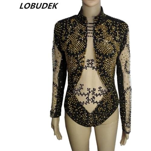 Sparkly Gold Black Rhinestones Perspective Bodysuit Women Vintage Costume Bar Nightclub Singer Stage Performance Stage Bodysuits