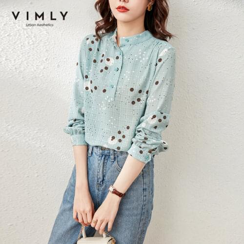 VIMLY Women Tops Spring Dot Print Blouse Office Elegant Stand Collar Shirts Fashion Button Loose Clothes Female Blusas F6759
