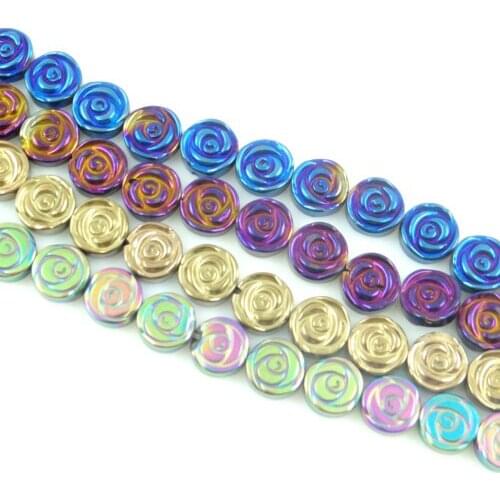 12mm Natural Quartz crystal Beautiful Titanium Carved flower Hematite loose beads making jewelry 15.5 inch H37