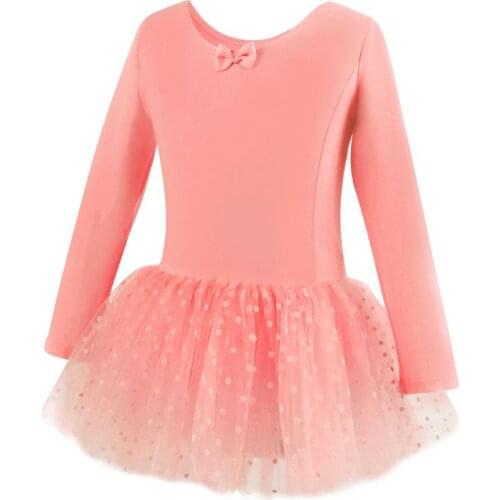 Children Girls Clothes Dance Ballet Latin Mesh Dress Performance Costume Cotton Long Sleeve Princess Pink Dresses for Kids Girl