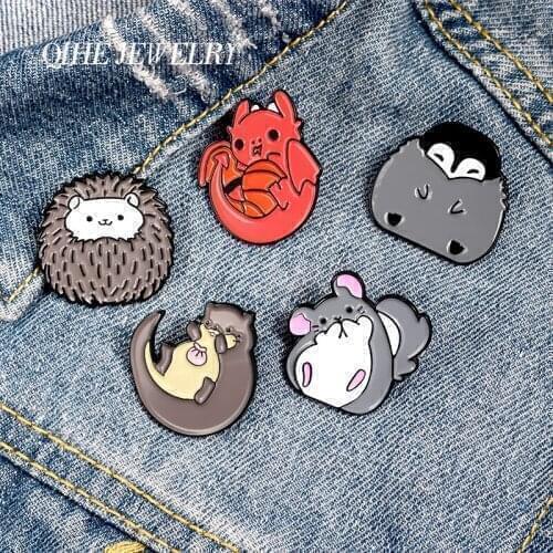 QIHE JEWELRY Cute Fat toot Animals Enamel Lapel Pins Penguin Hedgehog Otter Hamster Brooches Badges Gifts for Friends Wholesale