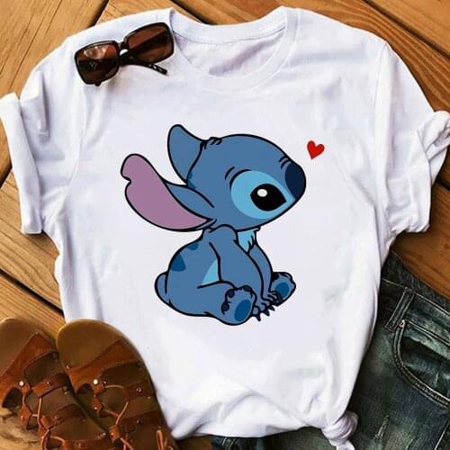 Disney Lilo Stitch Cartoon T-shirts Tops for Women Lady S-3XL Summer Female T-shirts White O-neck Ohana Stitch Hot Tees T-shirts
