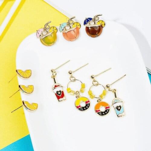 Hyuna Style Donut Milk Tea Student Girls Ear Studs Summer Earrings Cute Cartoon Coconut Fruit Asymmetric Stud Earrings Holiday