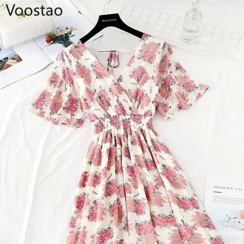 Summer Women Elegant Floral Print Boho Chiffon Dress Vintage Sweet V-Neck Slim Party Dresses Female Chic Holiday Beach Dress