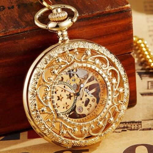 Retro Hollow Mechanical Pocket Watch With FOB Chain Gold Stars Skeleton Steampunk Vintage Mens Womens Hand Winding Pocket Watch