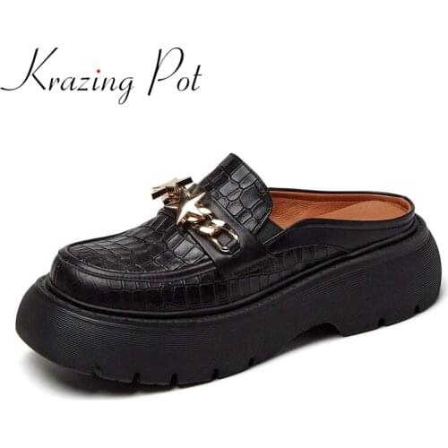 Krazing Pot full grain leather metal fasteners thick bottom high heels mules British school vintage slip on women slipper L88