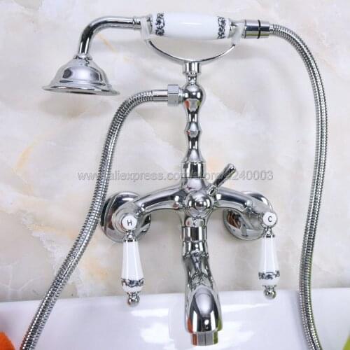 Wall Mounted Chrome Brass Clawfoot Bathtub Faucet telephone style Bath Shower Water Mixer tap with Handshower Kna218