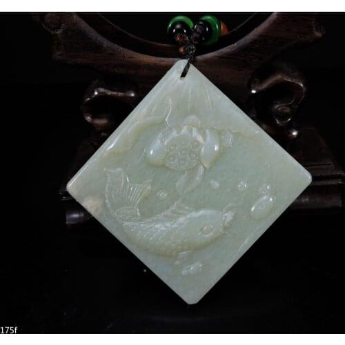Jade Jewelry Certified Hetian Jade Pendant Hand-Carved fish&lotus flower Jadeite Necklace Pendant Gift No Treatment 175f
