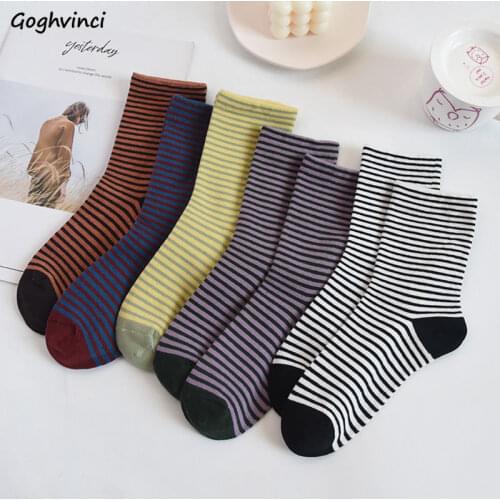 Socks Women 3 Pairs Striped Autumn Harajuku All-match Fashion College Colorful Cute Simple Casual Middle Tube Retro Invisible