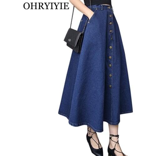 OHRYIYIE Vintage Long Denim Skirt Women 2021 Fashion High Waist Single Breasted A-line Jean Skirts Lady Sun School Skirt Femme