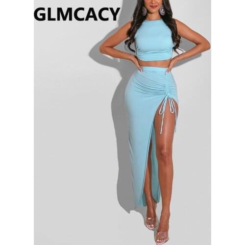 Two Piece Casual Suits Sleeveless Crop Top & Slim High Slit Maxi Skirt Set